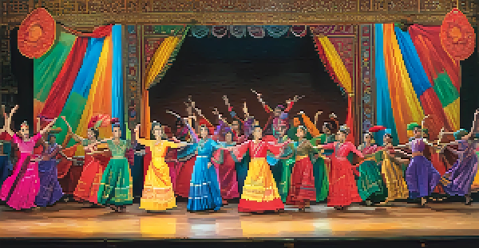 A group of dancers in colorful traditional costumes performing on stage, with historical decorations in the background and warm lighting enhancing the atmosphere.