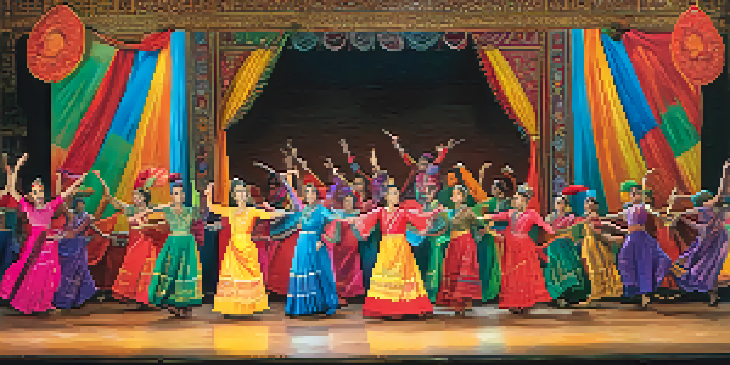 A group of dancers in colorful traditional costumes performing on stage, with historical decorations in the background and warm lighting enhancing the atmosphere.