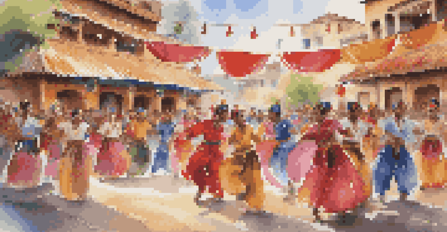 A vibrant cultural festival with traditional dancers in colorful costumes performing in a public space, surrounded by an engaged audience.