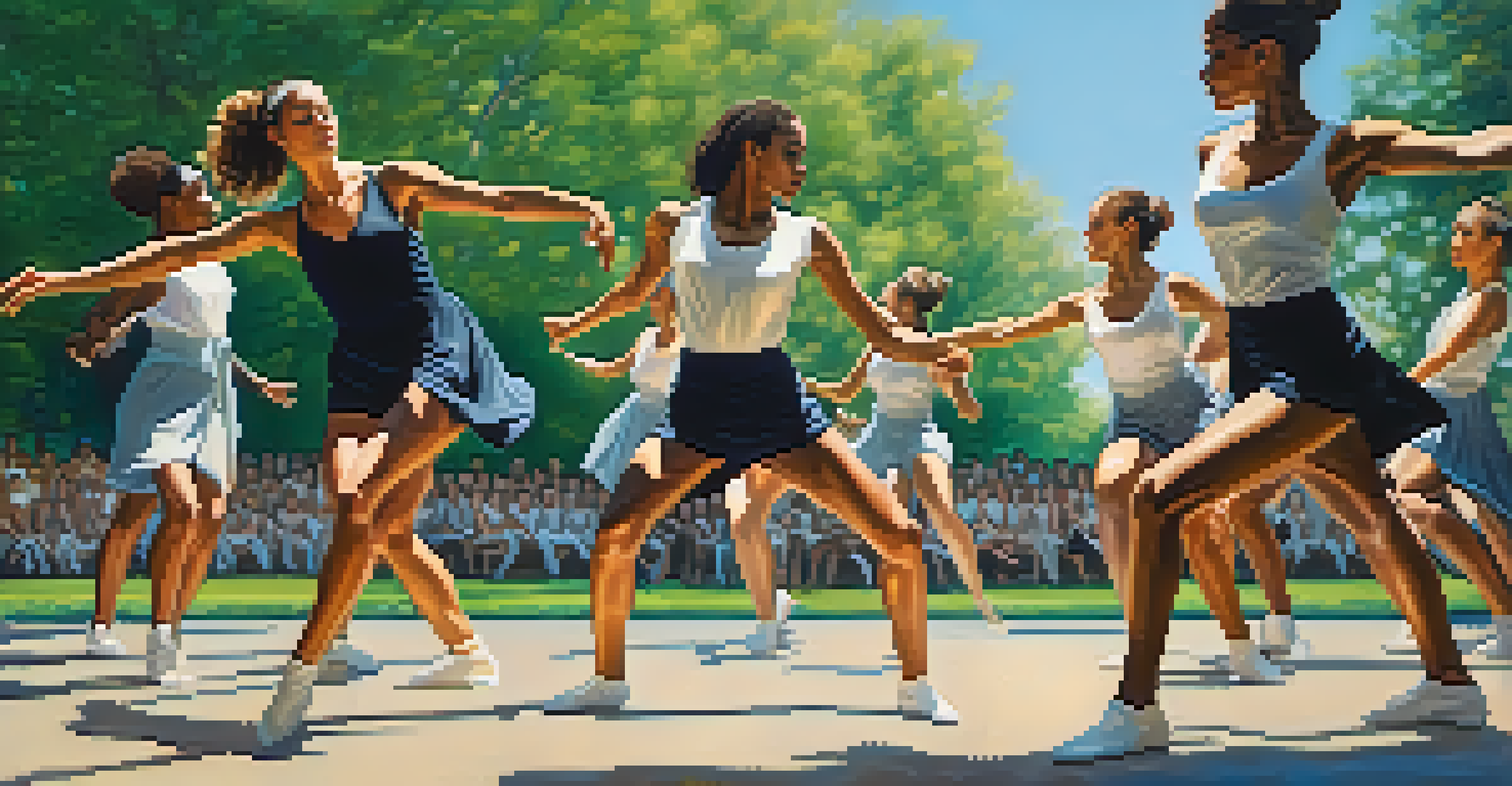 Diverse dancers performing contemporary dance on an outdoor stage, surrounded by a green park and an engaged audience.