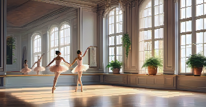 A ballet studio featuring a ballerina performing a pirouette, with mirrors and warm light creating a tranquil atmosphere.