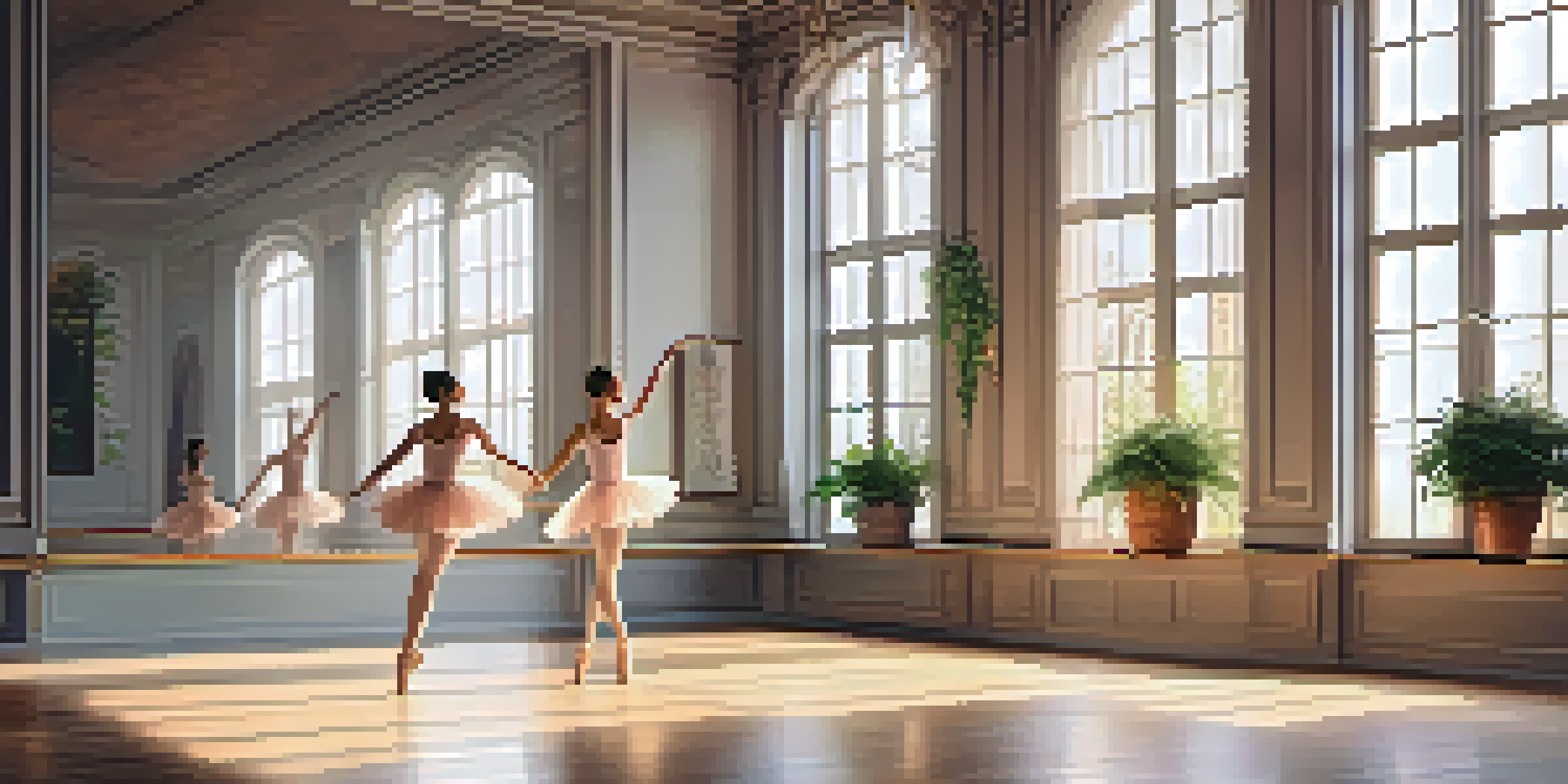 A ballet studio featuring a ballerina performing a pirouette, with mirrors and warm light creating a tranquil atmosphere.