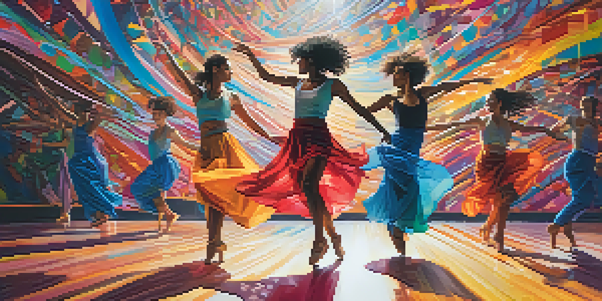 A contemporary dance performance showcasing dancers of various gender identities with colorful lighting and abstract designs in the background.