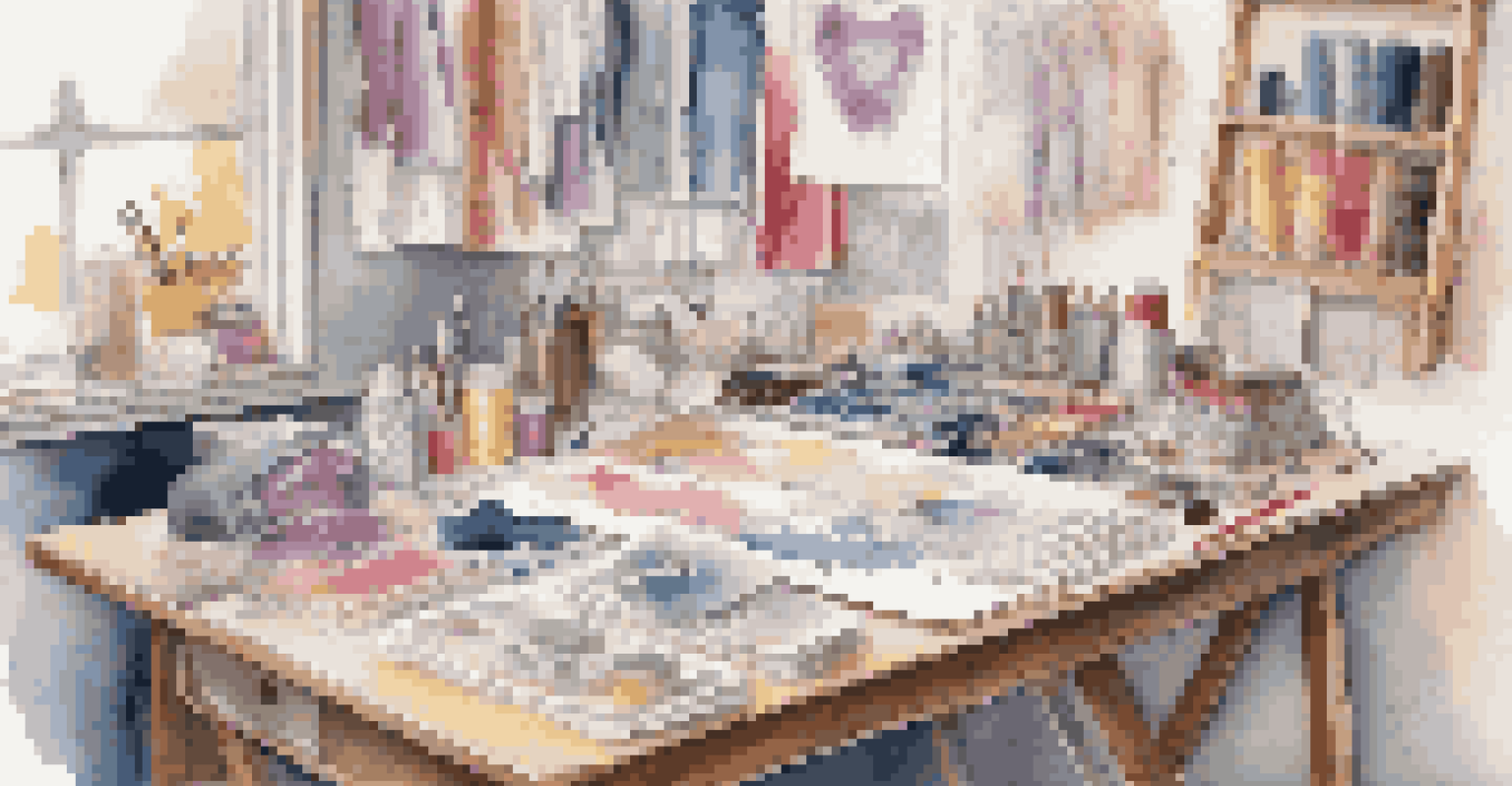 An artist's workspace with sketches, fabric swatches, and sewing tools for ballet costume design.