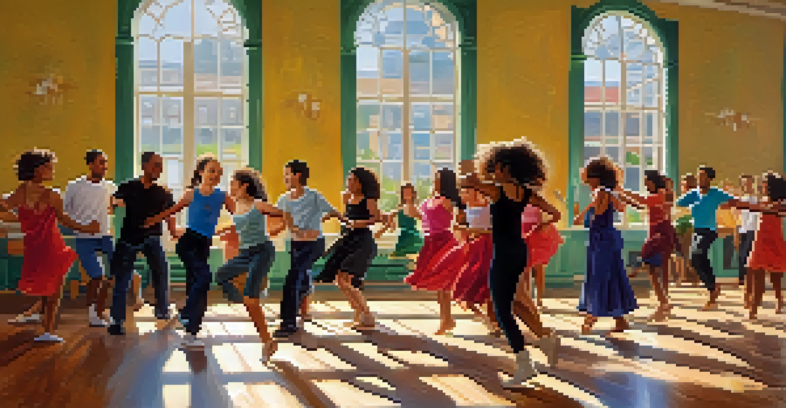A lively salsa dance class with a diverse group of students learning in a bright studio with mirrors and sunlight.
