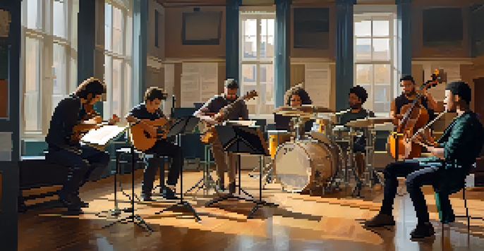 A diverse group of musicians in a warm-lit rehearsal studio, collaborating with instruments and focused expressions.