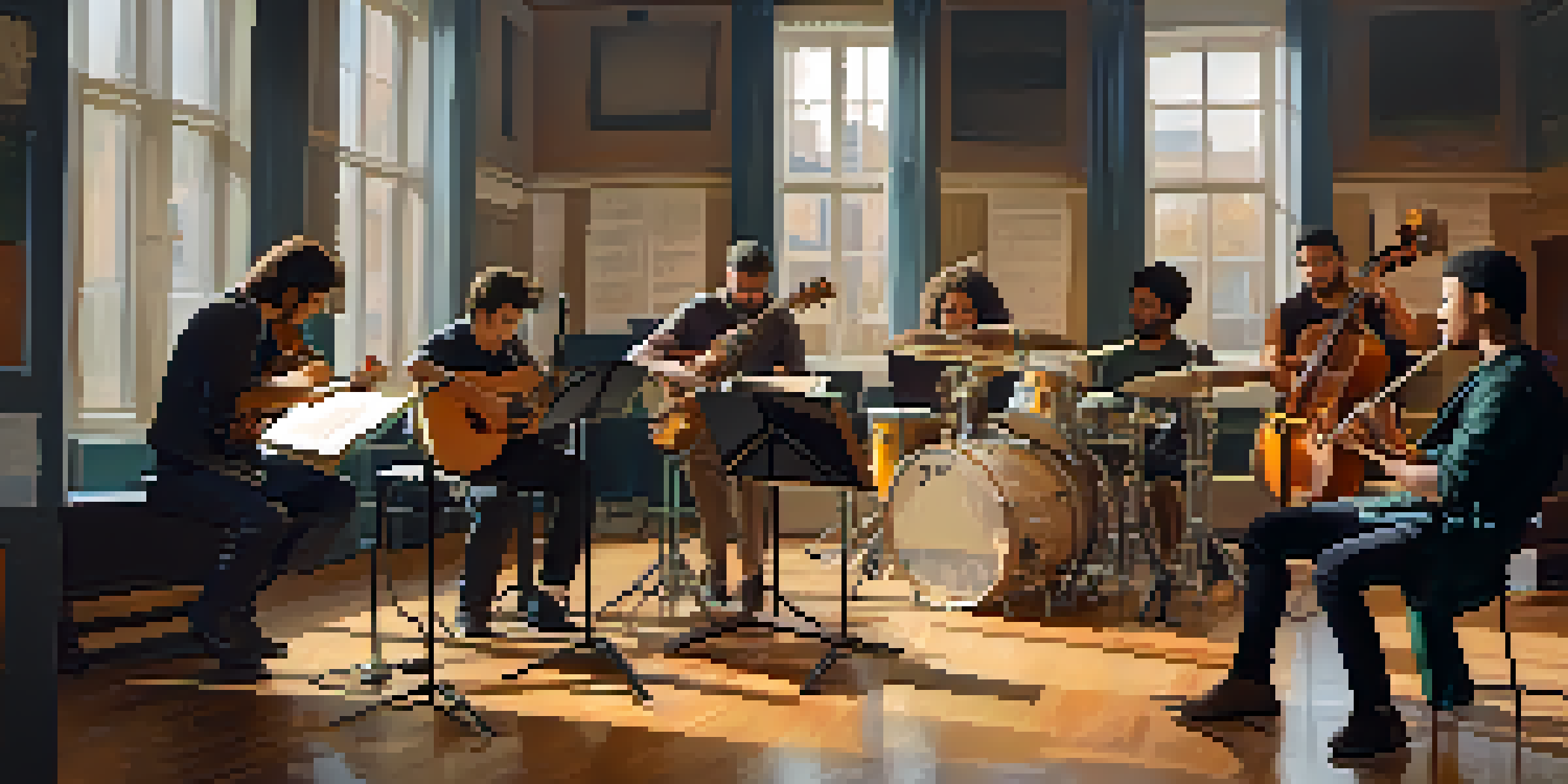 A diverse group of musicians in a warm-lit rehearsal studio, collaborating with instruments and focused expressions.