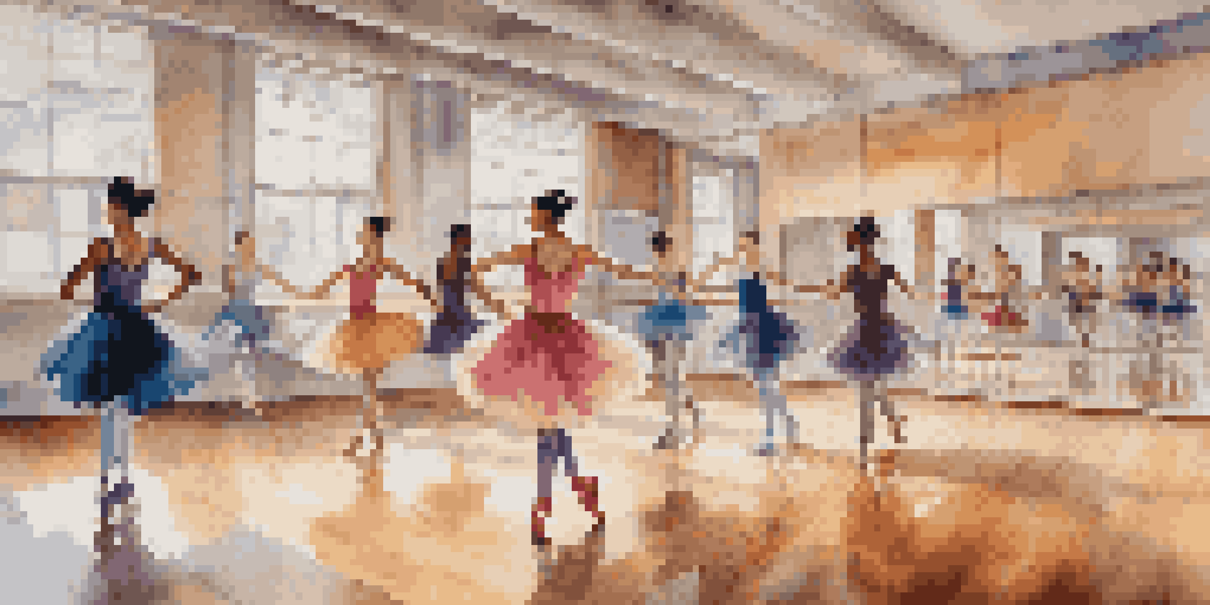 A bright dance studio with dancers of different styles practicing together, reflected in mirrors and colorful dance shoes on the wooden floor.
