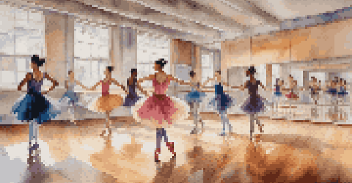 A bright dance studio with dancers of different styles practicing together, reflected in mirrors and colorful dance shoes on the wooden floor.