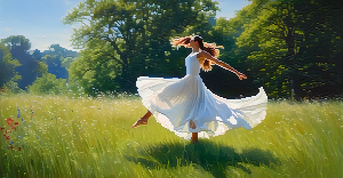A dancer in a light-colored dress performing in a green meadow filled with wildflowers, with sunlight filtering through the trees.