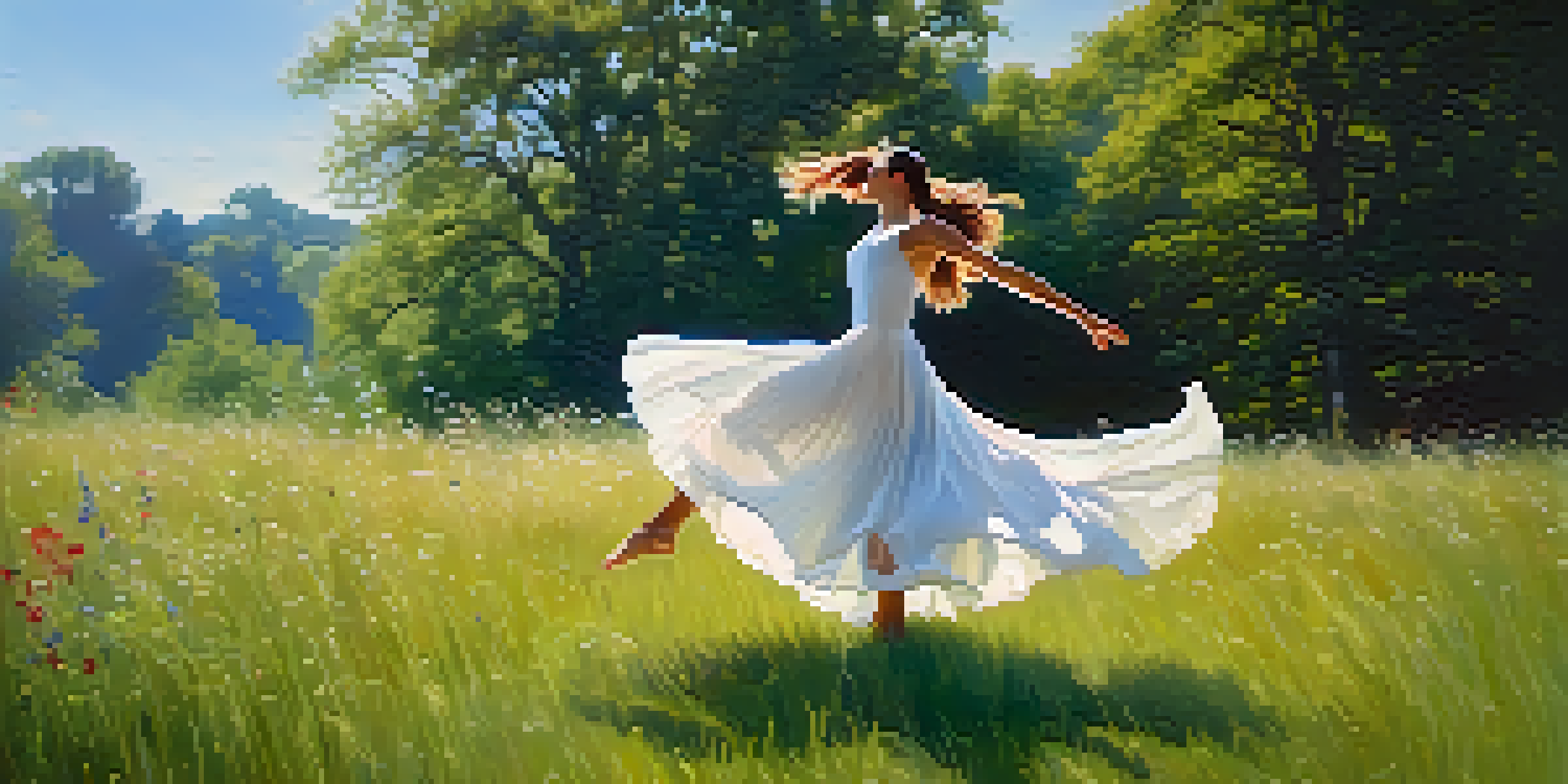 A dancer in a light-colored dress performing in a green meadow filled with wildflowers, with sunlight filtering through the trees.