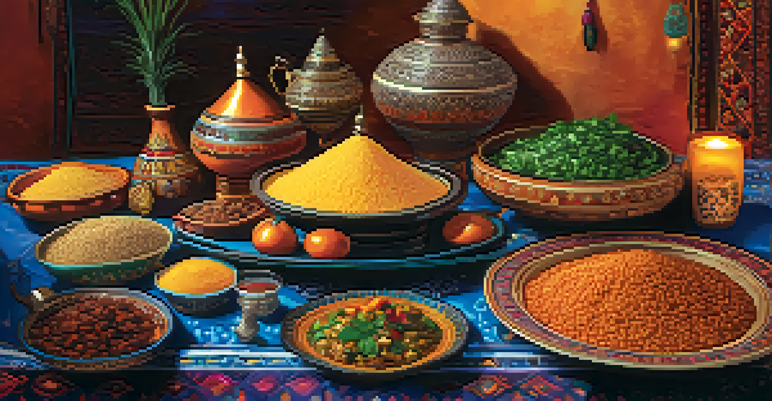 A table set for a Moroccan feast with traditional dishes and a belly dancer performing in the background.