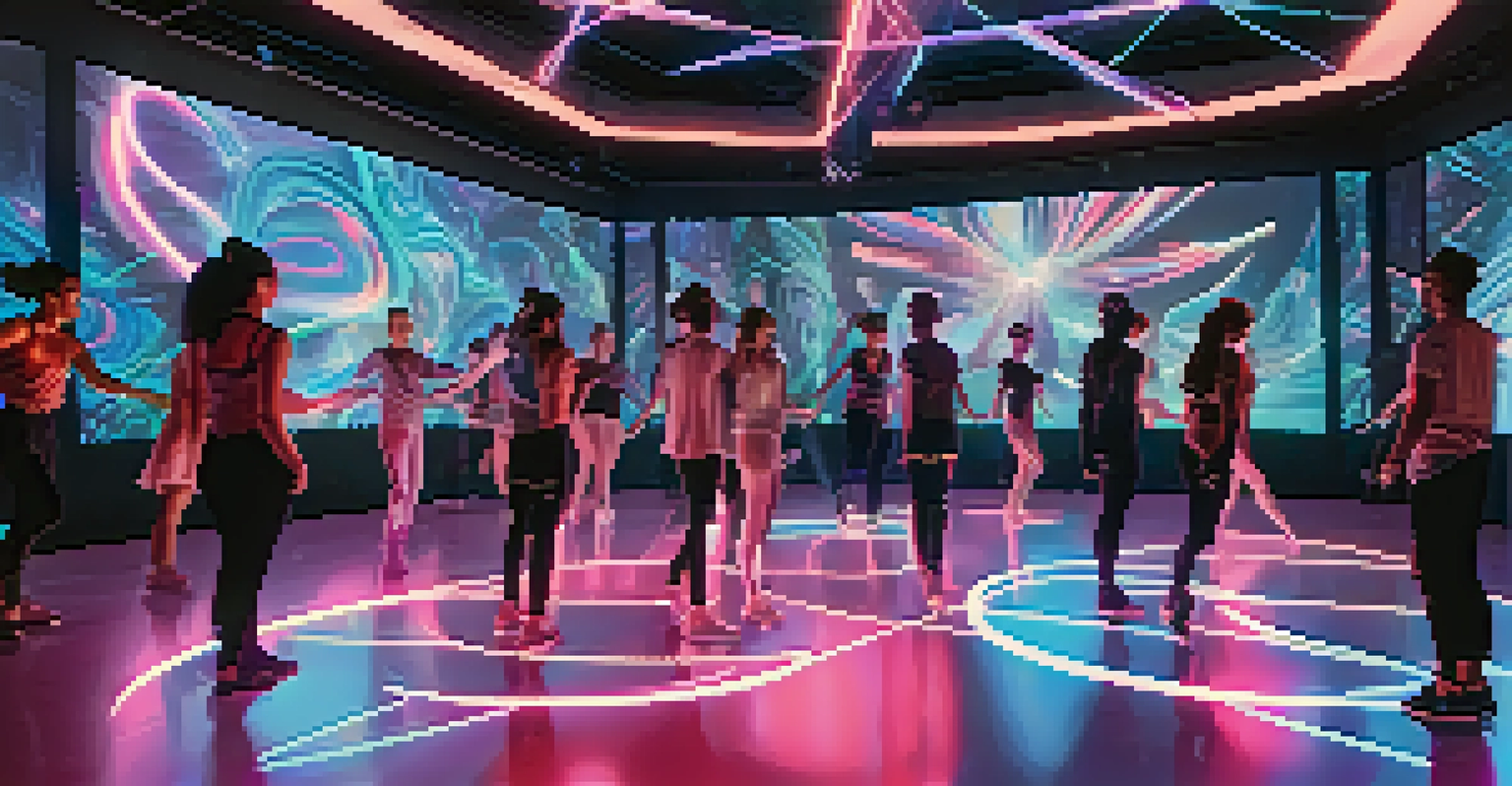 Participants in a virtual reality dance class with a holographic instructor in a futuristic setting.