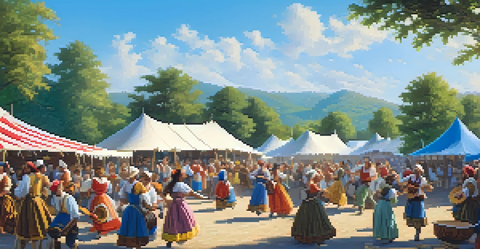 Common folk dancing at a village festival during the Renaissance, surrounded by greenery and a bright blue sky.