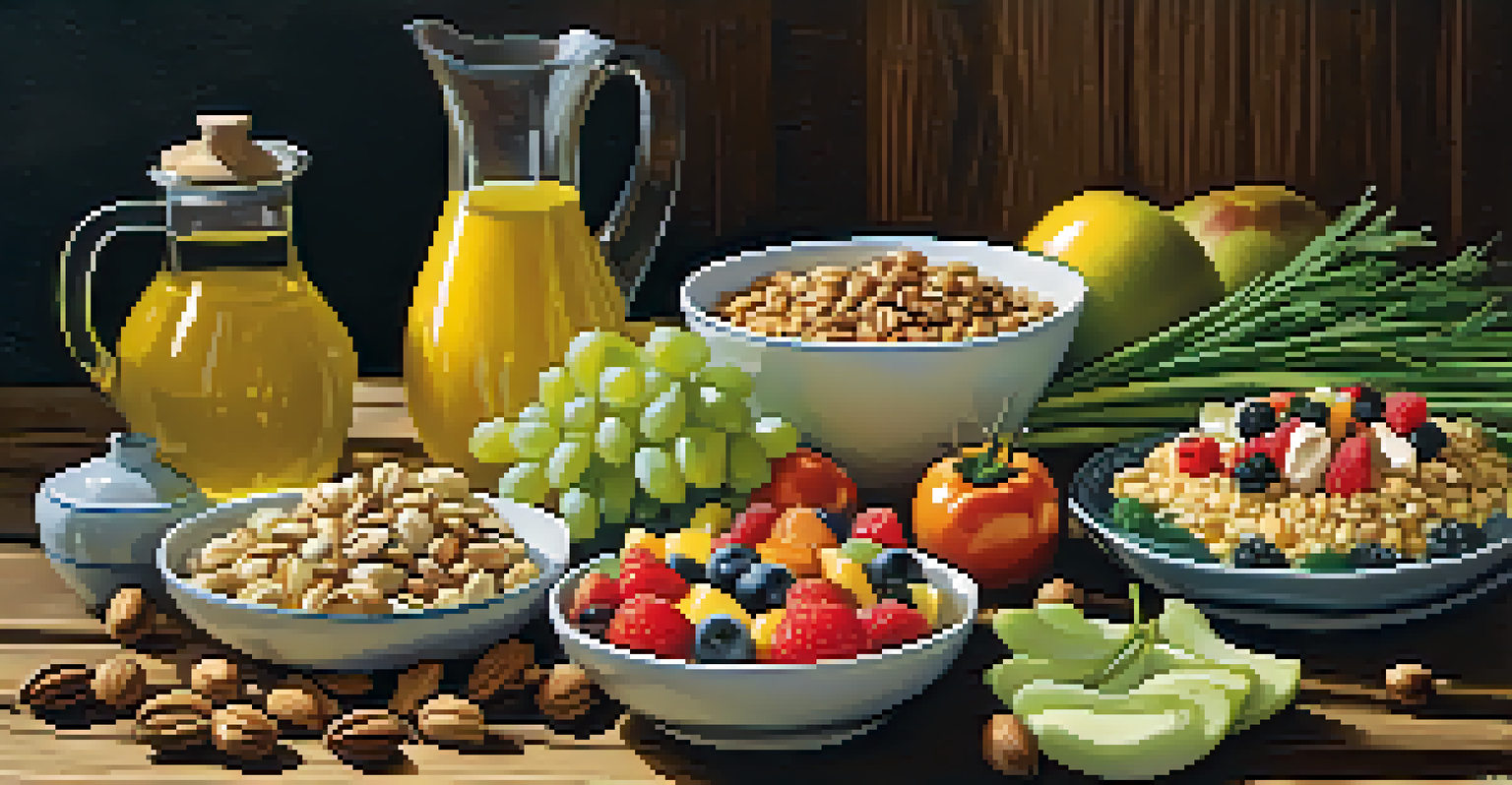 A plate of healthy foods featuring whole grains, fruits, vegetables, and nuts, beautifully arranged on a rustic wooden table with natural light highlighting the colors and textures.