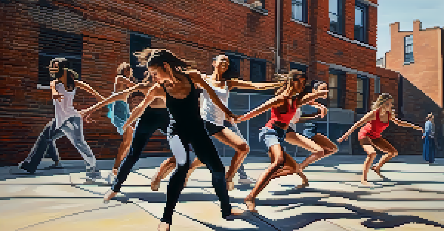 Contemporary dancers performing in an urban setting, with expressive movements and graffiti art in the background.