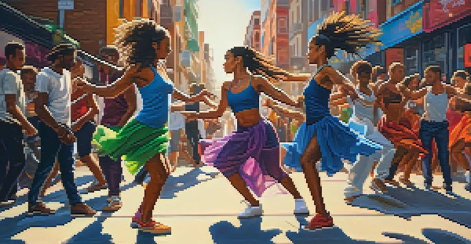 A diverse group of dancers performing in a lively urban setting with colorful graffiti and bright sunlight.