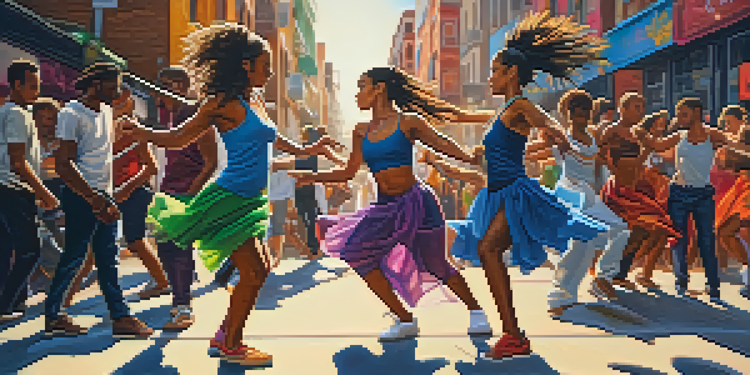 A diverse group of dancers performing in a lively urban setting with colorful graffiti and bright sunlight.