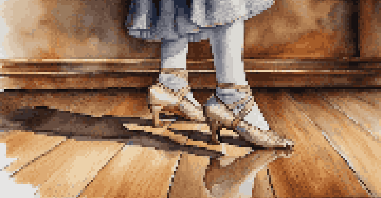 Close-up of traditional dance shoes on a wooden stage, highlighting the intricate patterns of the floor and the warm lighting.