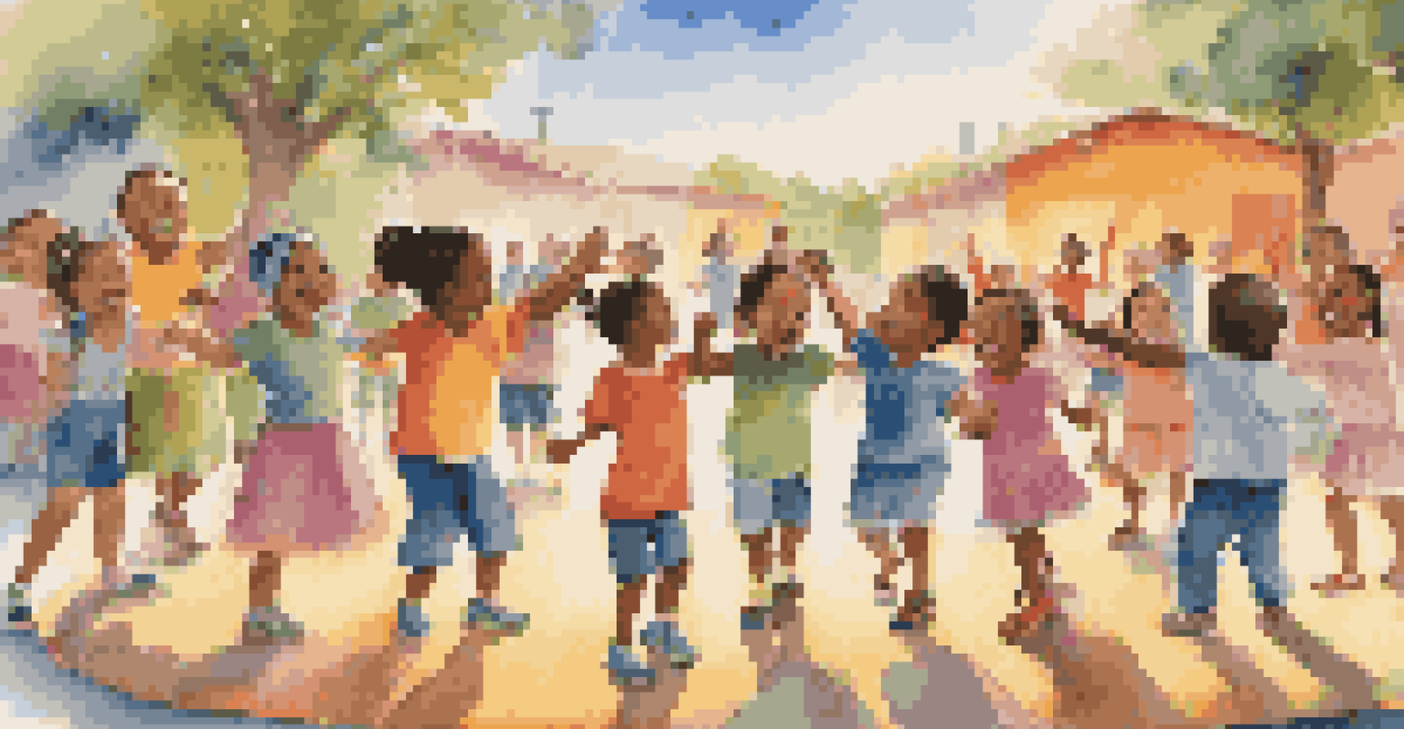 A joyful group of children holding hands in a dance circle, laughing against a colorful backdrop of painted murals.