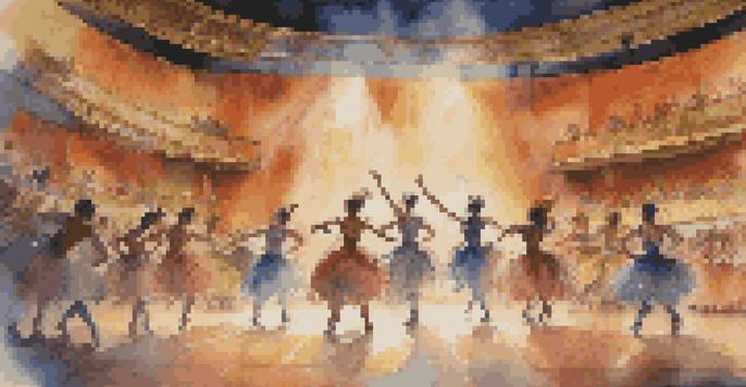 A choreographer guides dancers on stage with colorful lights and expressive movements, while an audience watches intently.