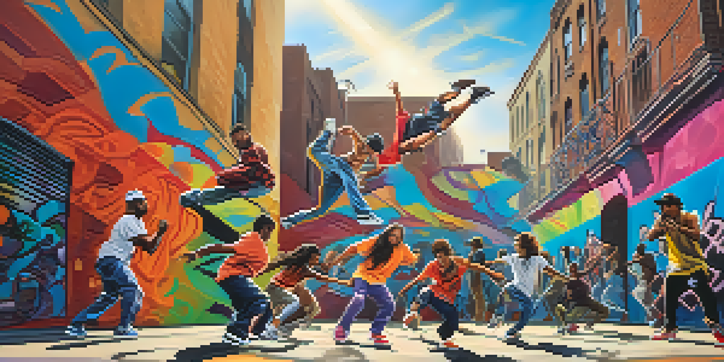 A lively street scene with diverse hip-hop dancers performing breakdancing moves against a colorful urban backdrop.