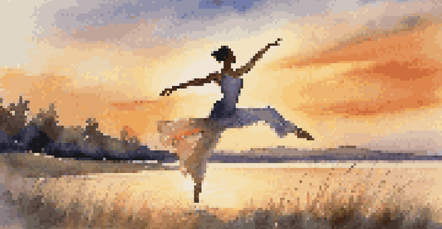 A solo dancer performing in an outdoor setting during sunset, showcasing joy and beauty in their movement.