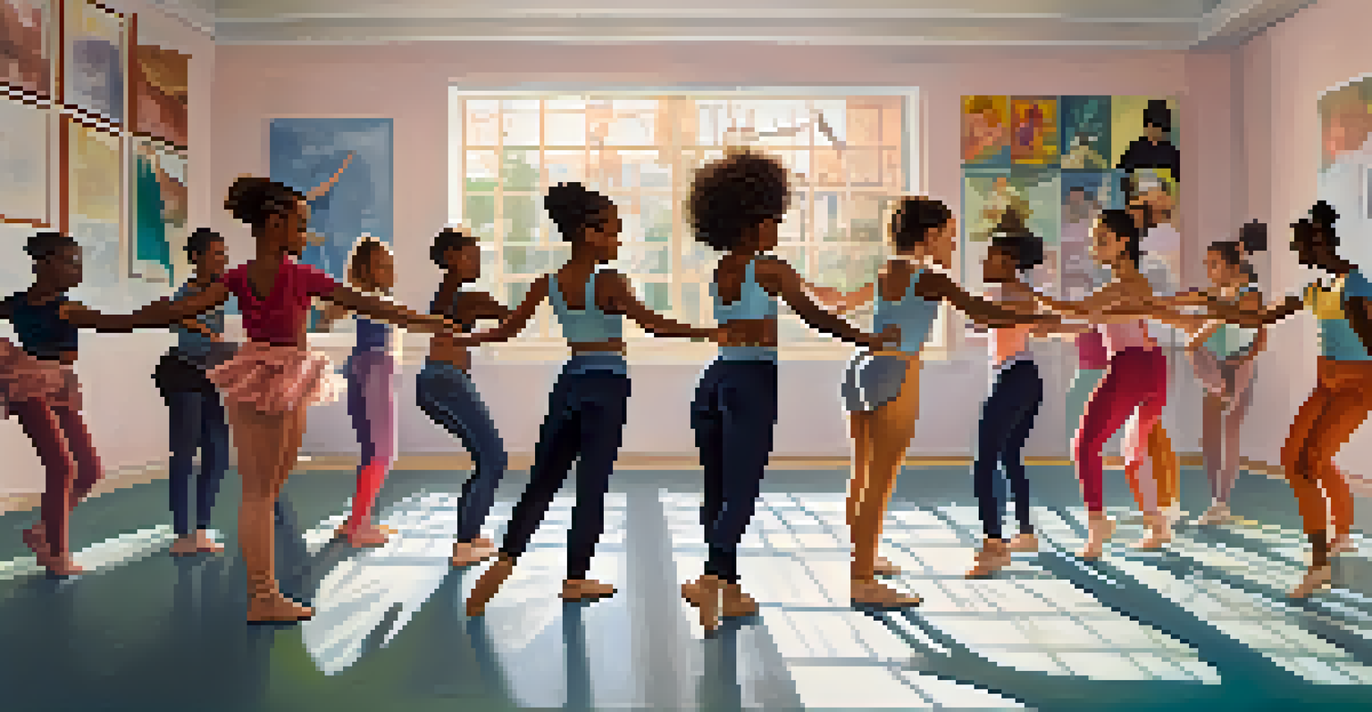A diverse group of young dancers collaborating in a studio, discussing choreography with enthusiasm, surrounded by colorful posters.