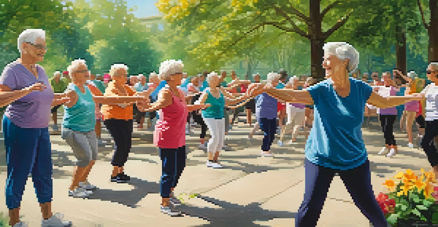 Seniors participating in an outdoor dance class in a park, with an instructor leading and vibrant greenery surrounding them.