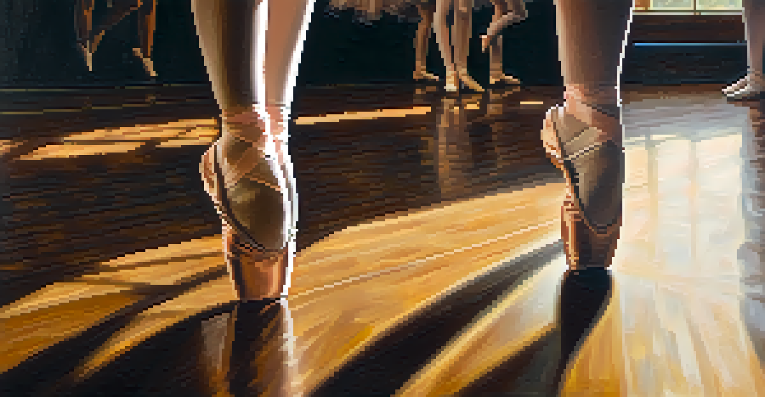 Close-up of a ballet dancer's feet on stage, with a blurred audience in the background.