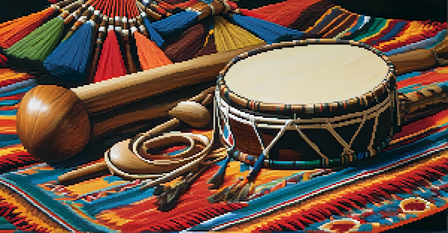 A detailed view of Native American musical instruments on a blanket, featuring drums, flutes, and rattles, with dancers in the background.