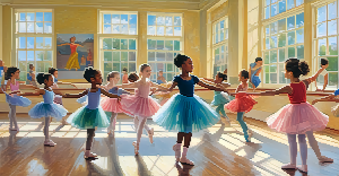 A vibrant dance class with children of different genders participating in a ballet lesson, showcasing diversity and joy.