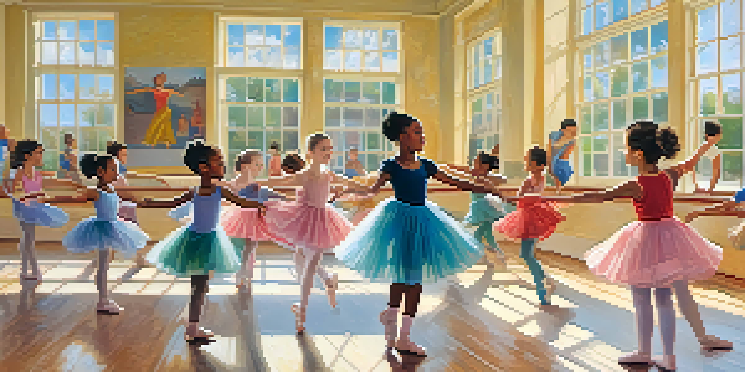 A vibrant dance class with children of different genders participating in a ballet lesson, showcasing diversity and joy.