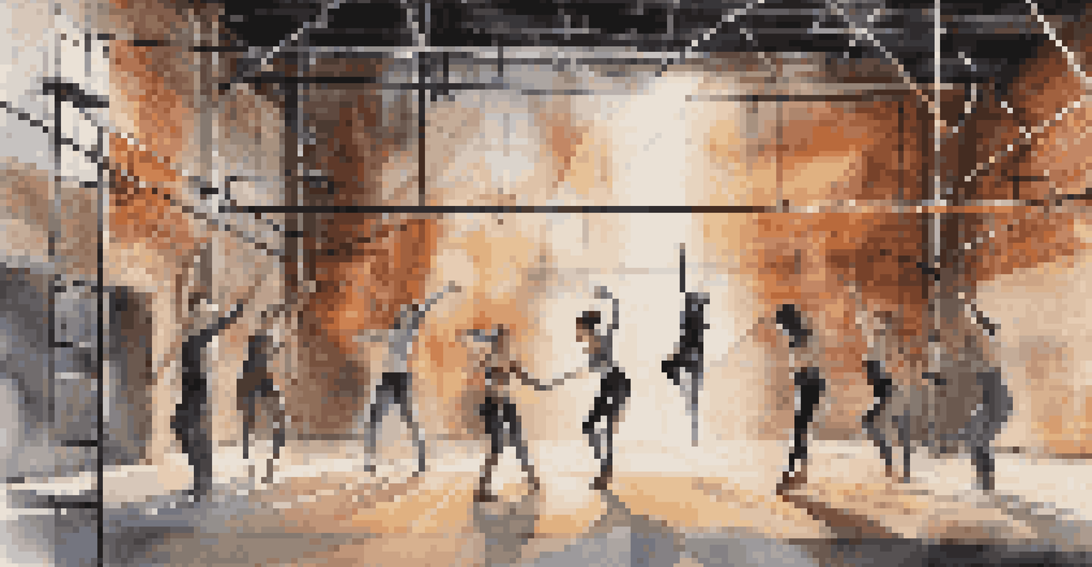 A contemporary dance set in an industrial space with projections and dancers interacting with various props.
