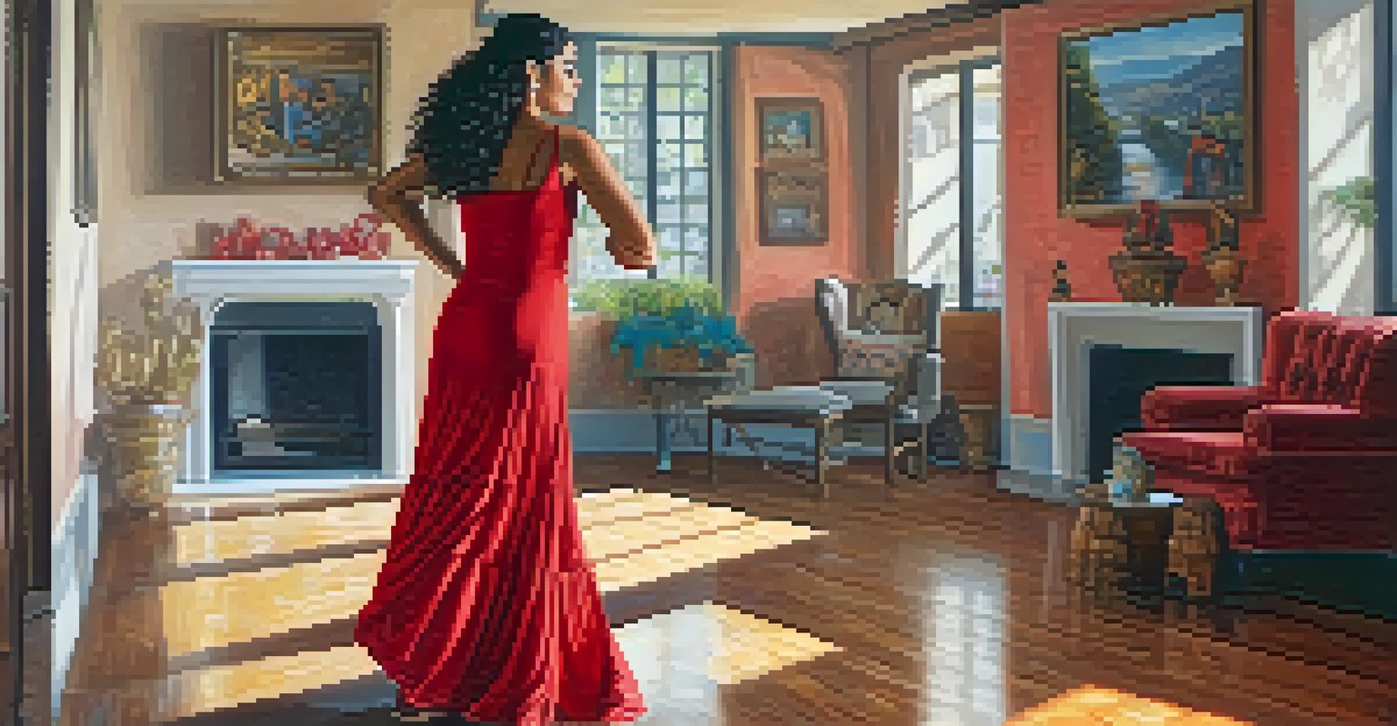 A young Latina woman in a red dress practicing salsa dancing in a sunlit room filled with family photos.