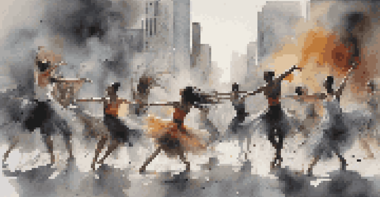 A group of dancers in an urban setting, surrounded by pollution, expressing urgency through their movements.