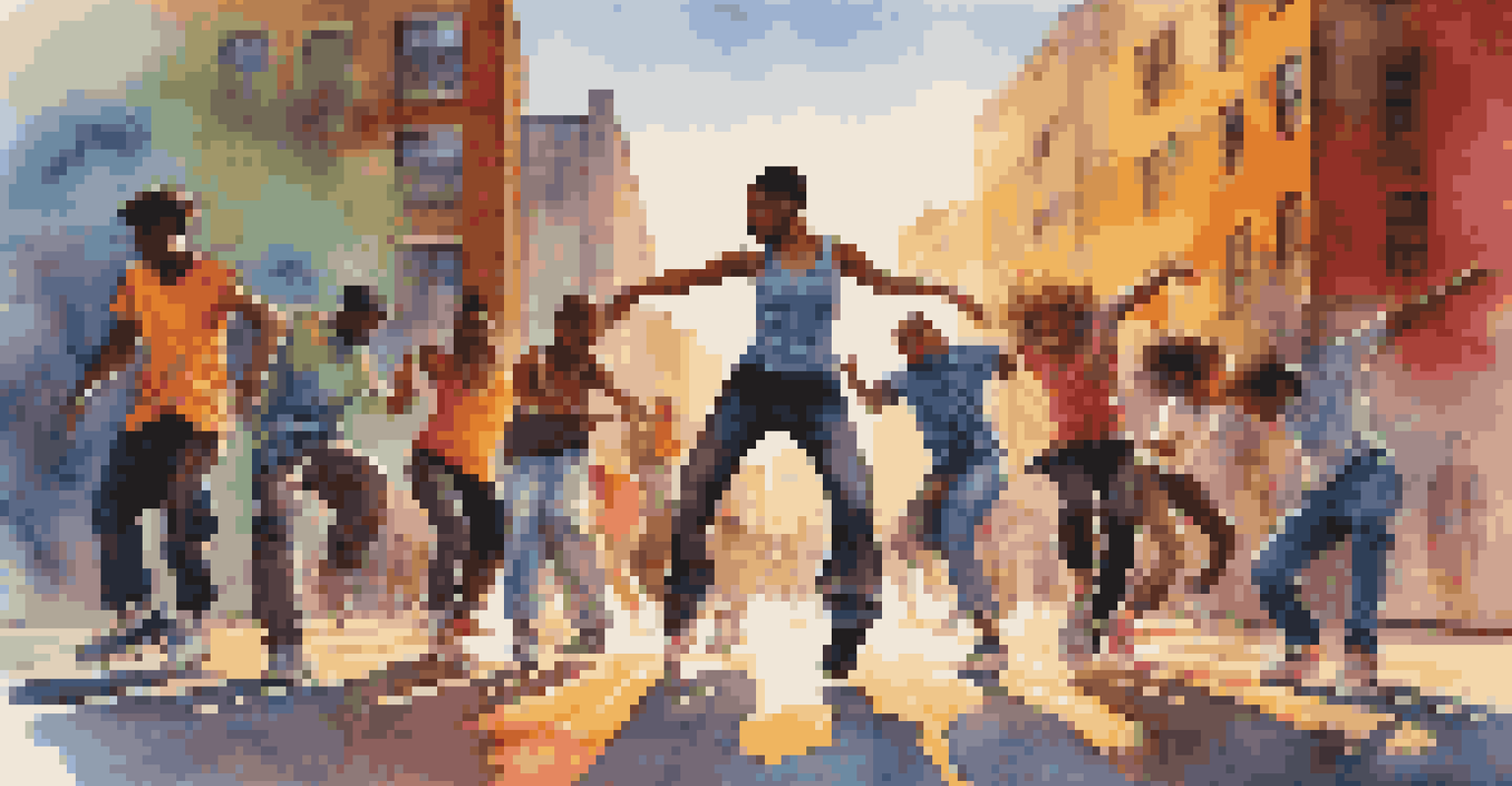 Young dancers performing breakdance on graffiti-covered pavement, with vibrant street art in the background.