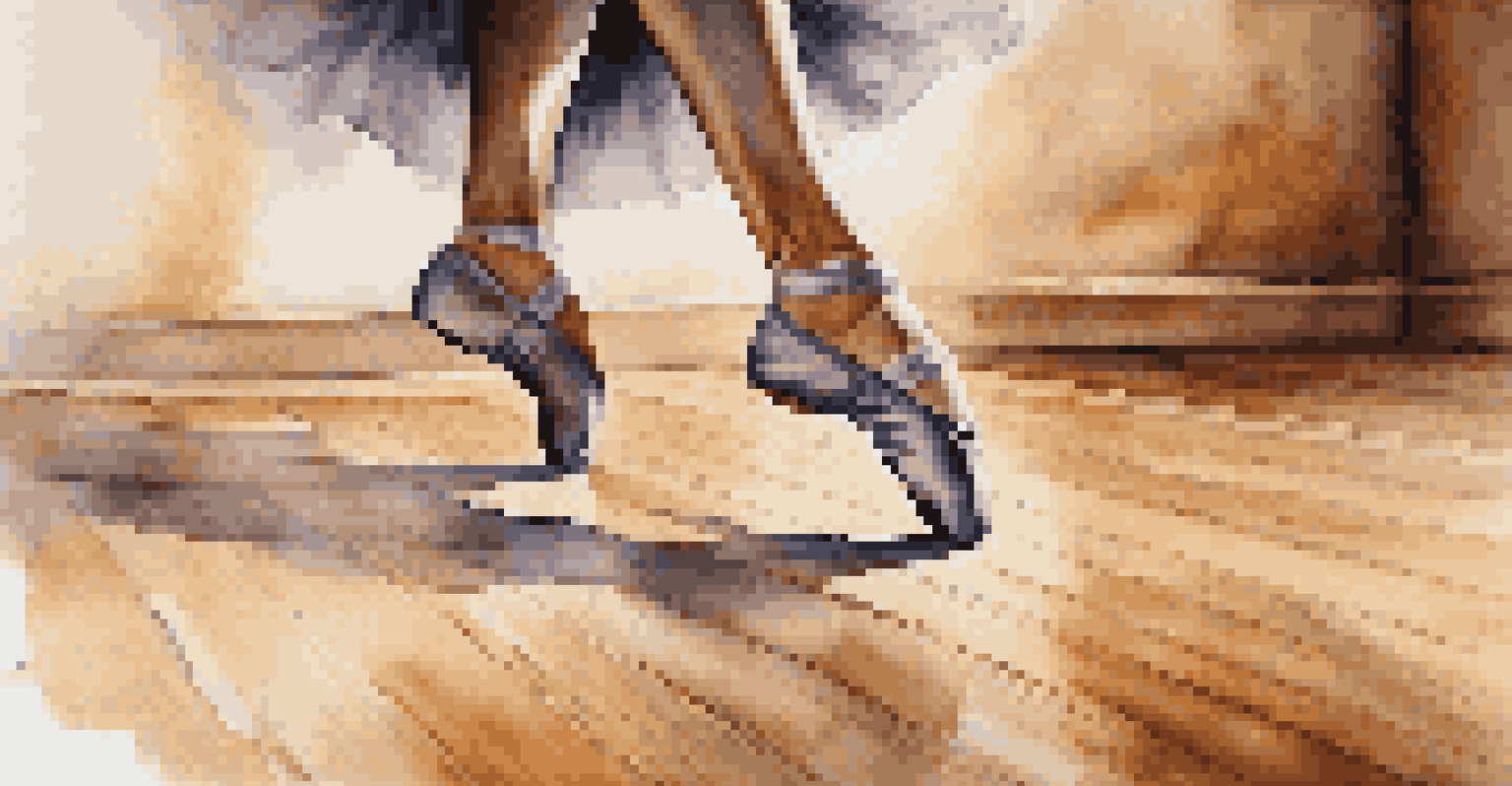 A close-up of a dancer's feet showcasing intricate footwork on a polished wooden floor.