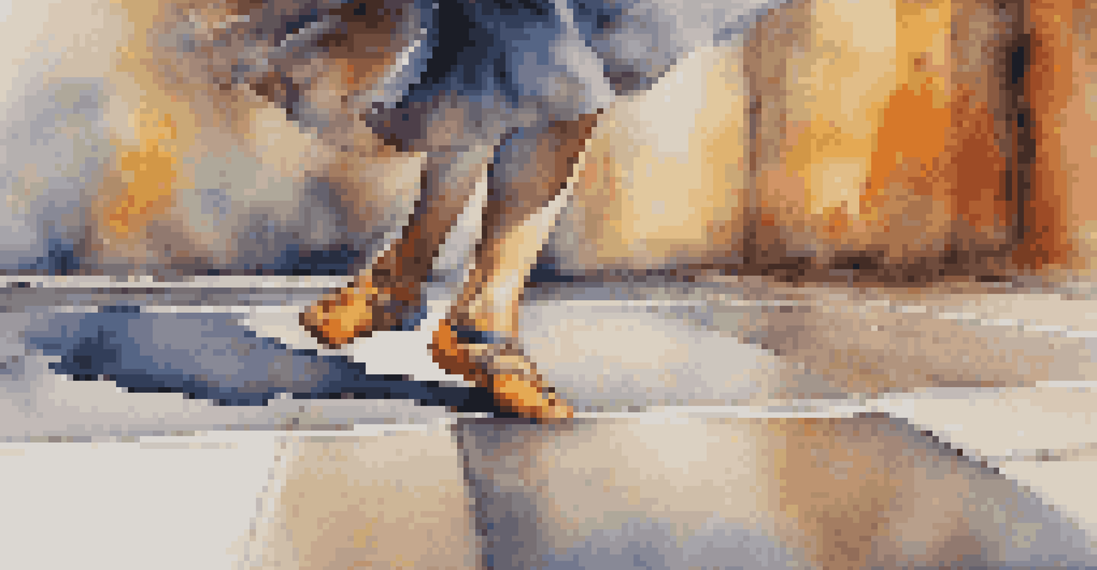 A close-up of a dancer's feet in motion, highlighting their shoes and the textured pavement, with a blurred colorful background.
