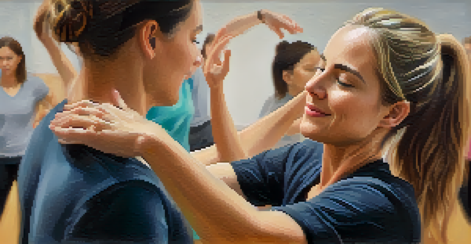 A close-up of a dance therapist's hands guiding a participant through movements, capturing the emotional expression on the participant's face in a softly blurred background.