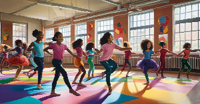 A lively dance classroom with students of various ethnicities practicing a dance routine together, filled with sunlight and colorful decor.