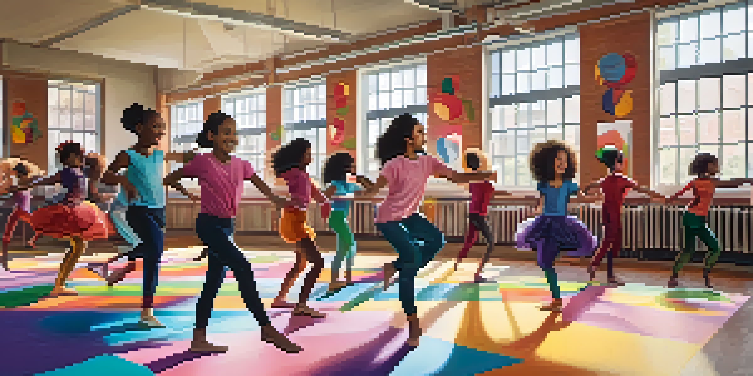 A lively dance classroom with students of various ethnicities practicing a dance routine together, filled with sunlight and colorful decor.