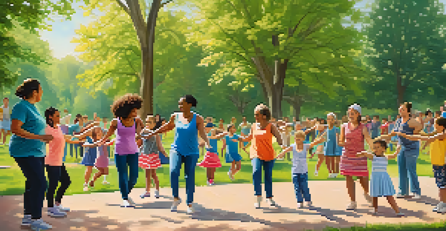 Families participating in an outdoor dance class, enjoying the sunshine and the rhythm of music.