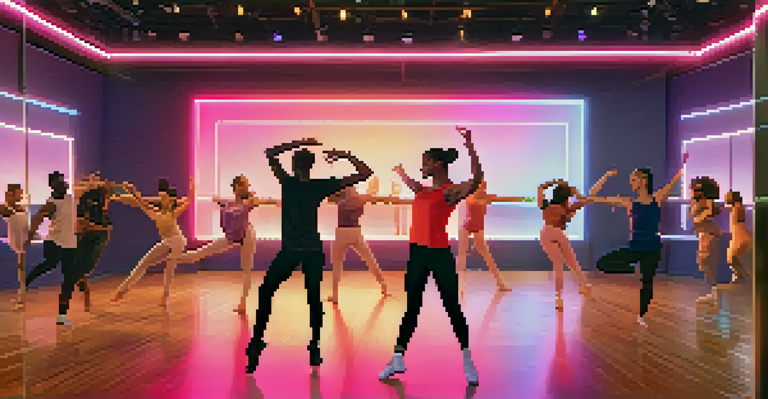 A video call with diverse dancers showcasing various dance styles in colorful backgrounds.