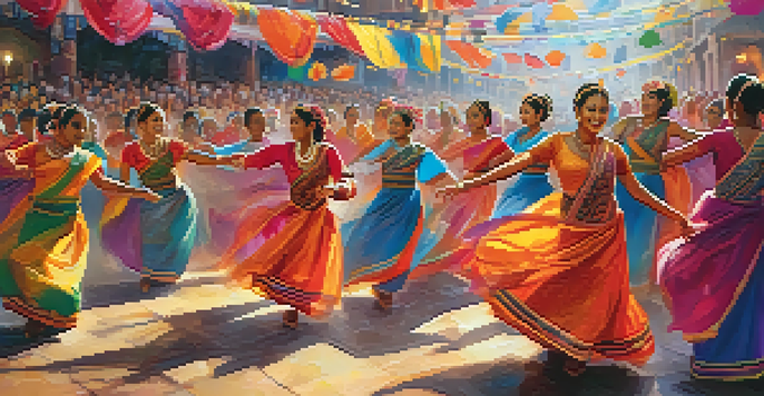 A lively dance festival with diverse dancers in traditional costumes performing on stage, surrounded by a colorful crowd and bright lights.