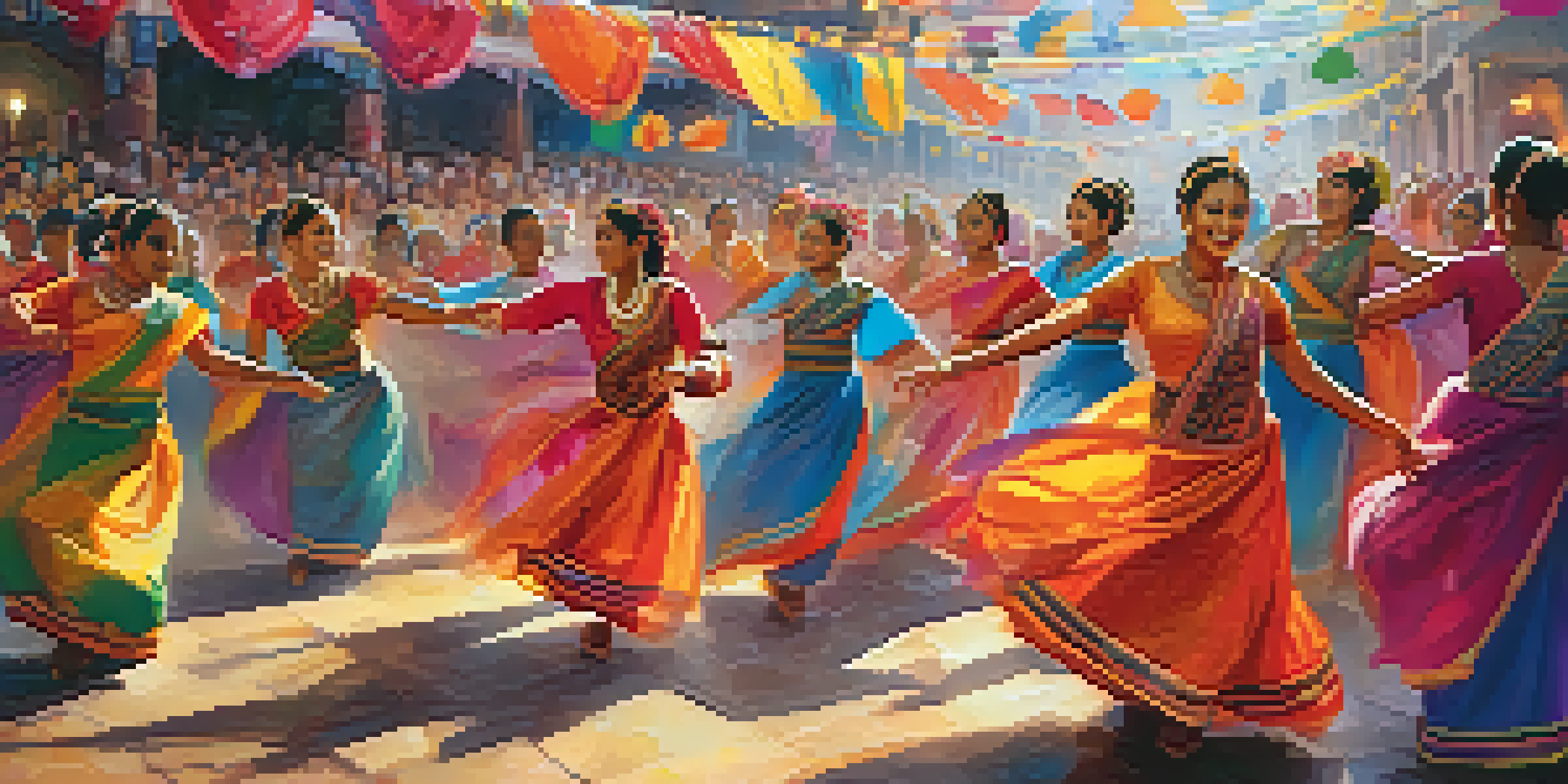 A lively dance festival with diverse dancers in traditional costumes performing on stage, surrounded by a colorful crowd and bright lights.