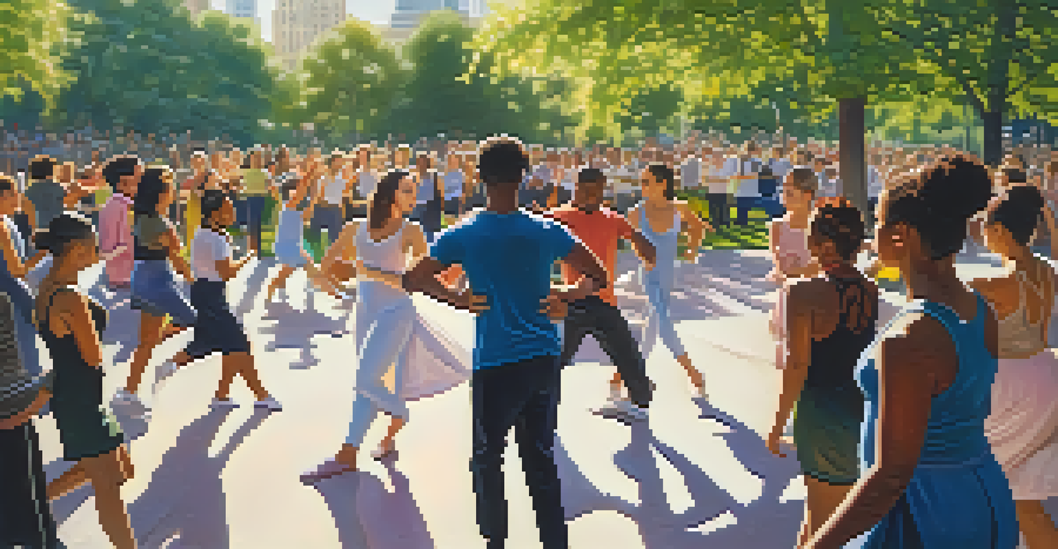 Dancers rehearsing in a vibrant urban park, showcasing fluid movements and gender expressions amidst greenery and flowers.