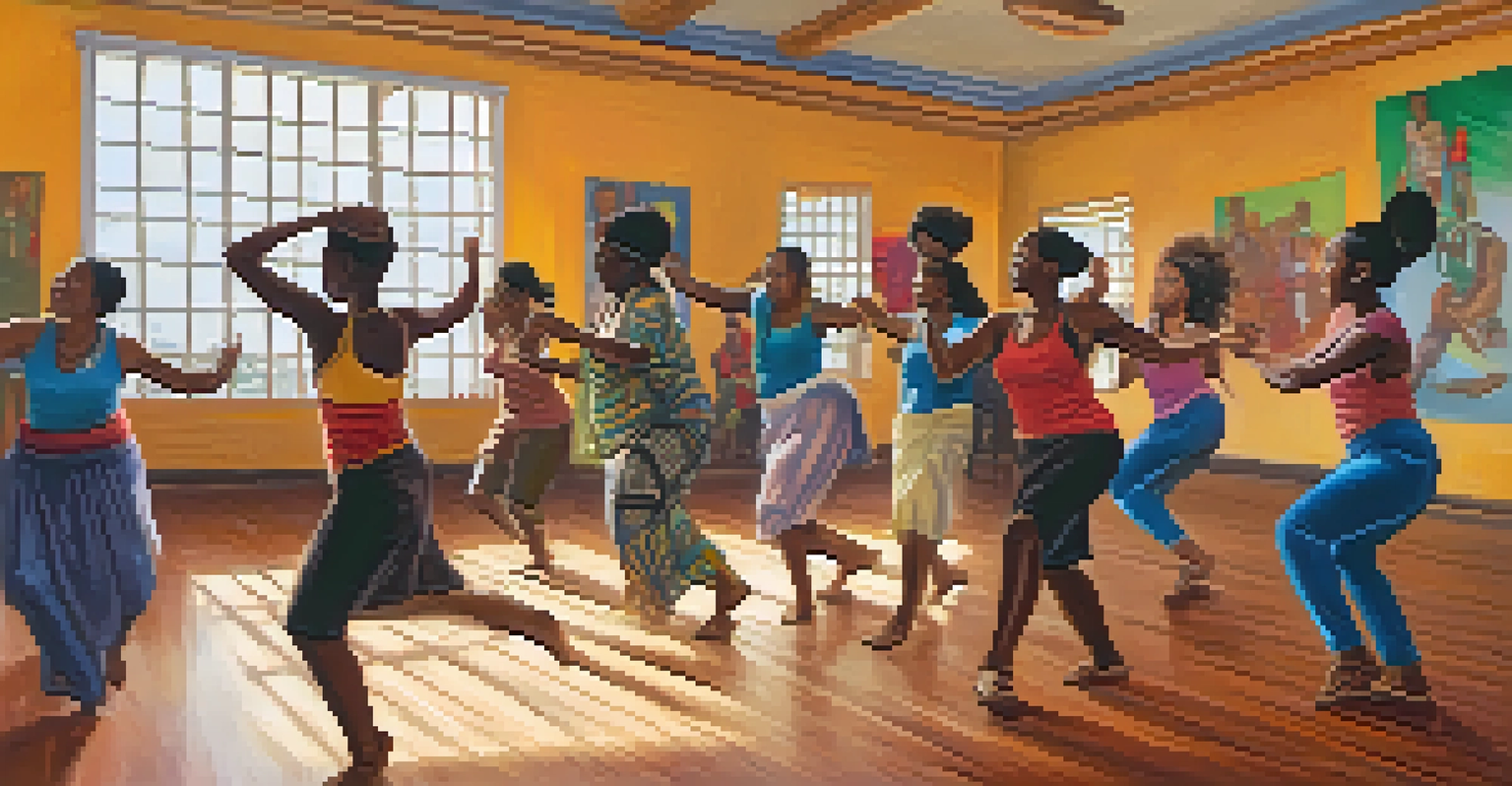 A dance instructor teaching a diverse group of students traditional African dance moves in a brightly lit workshop.