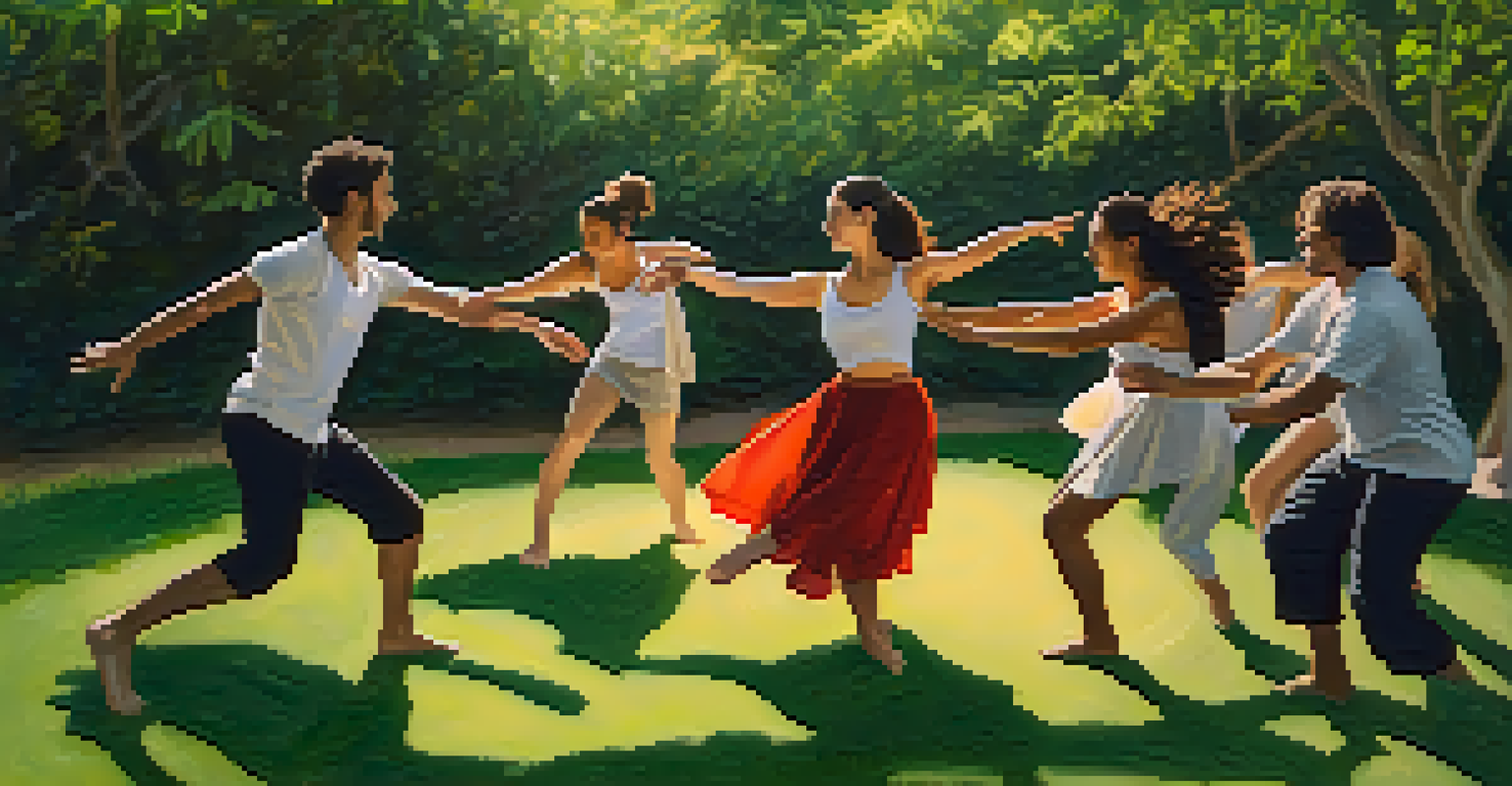 A group of dancers practicing contact improvisation outdoors, interacting in a circle amidst nature.