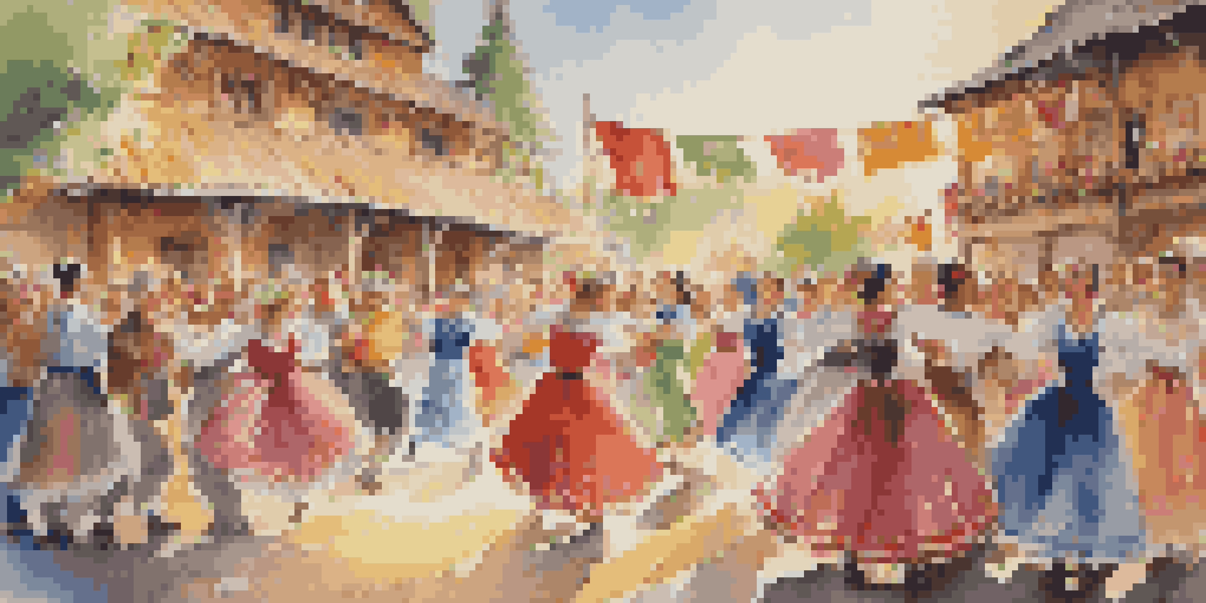 A vibrant festival scene with dancers in colorful traditional costumes performing folk dances, surrounded by an enthusiastic audience under warm sunlight.